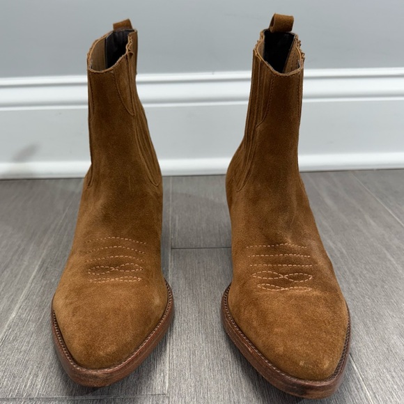 MAJE Farwest Suede Cowboy Boots Size 41 10.5 Tan Camel 70s Western Ankle Booties - Picture 7 of 16